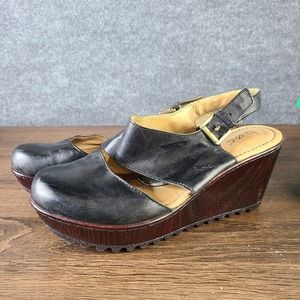 Born BOC Leather Clogs Womens 9 M Black Round Toe Slingback Rina Wedge